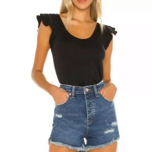 NEW Free People Black Flutter Sleeve T Shirt Top Sz XL $48